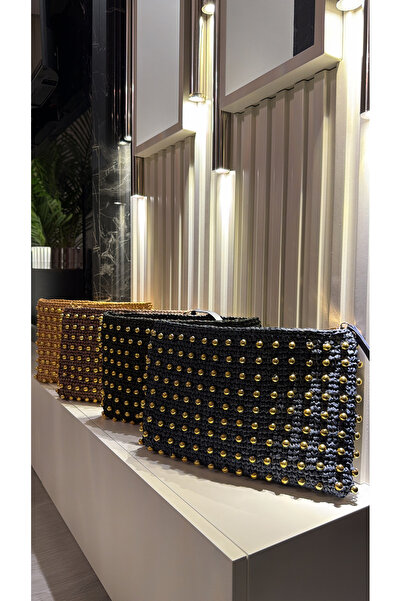 WOMANBAG Handmade Wicker Front and Back Complete Gold Beaded Clutch Handbag (...