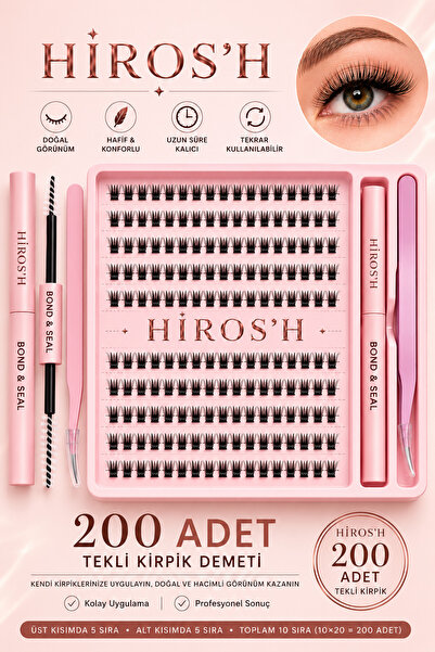 HİROS'H 200 Adet Takma Kirpik - Kirpik Yapıştırıcı - Kirpik Sabitleyici - Kirpik Cımbızı - 200 Adet Kirpik Tutamı Takma Kirpik Seti