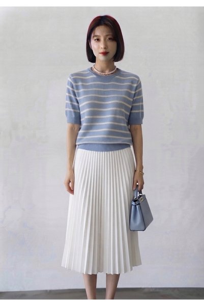 KAROL Women's Short Sleeve Striped Seasonal Stylish Baby Blue Knitwear Sweater