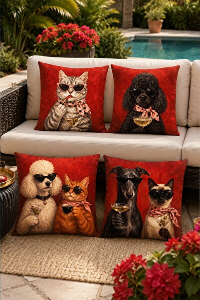 EVPANYA Fun Cat and Dog Patterned 4-Piece Throw Pillow Cover Set