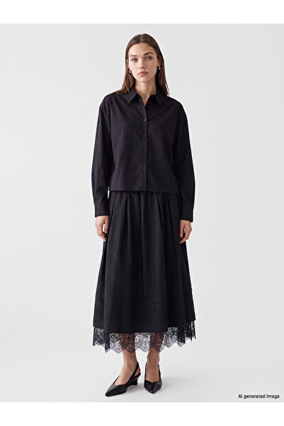 LC Waikiki Lcw Modest Black Flared Skirt with Elastic Waist and Lace Detail