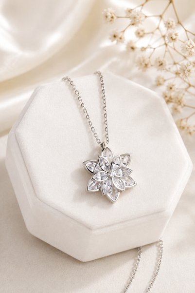 Balevien Silver Color Steel Necklace with White Lotus Flower Figure