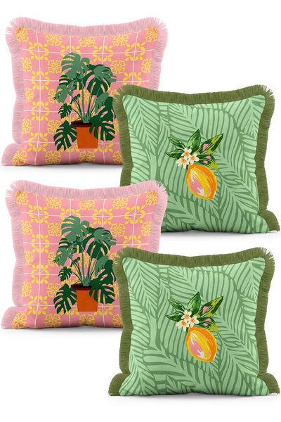 IdeCraft Tropical Monstera and Lemon Patterned Pink Green 4-Piece Fringed Thr...