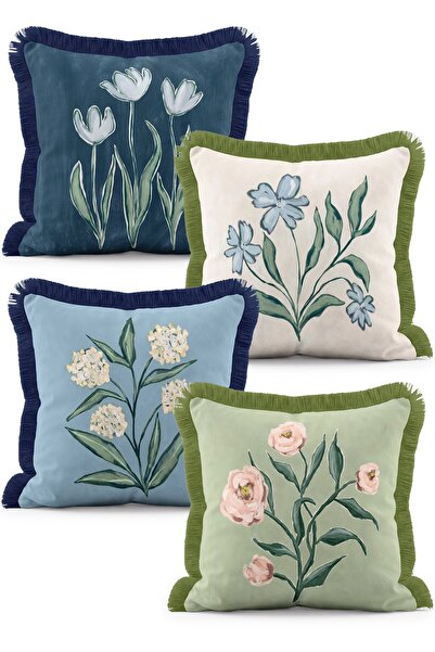 IdeCraft Oil Painting Effect Floral and Tulip Patterned 4-Piece Fringed Throw...