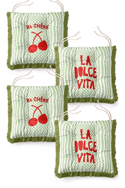 IdeCraft Retro Green Striped Cherry and La Dolce Vita Motif Fringed Puffy Cha...