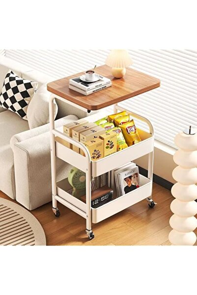 Generic Beauenty 3 Tier Rolling Cart with Wooden Tabletop,Metal Rolling Utili...
