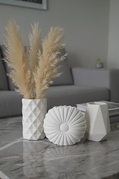 Safir Design Iskandinav Tarzı El Yapımı Beyaz 3lü Vazo Seti - Pampas Hediyeli