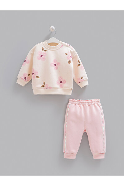 Caramell Baby Girl Set Powder Floral Patterned 3 Threaded Yarned Winter Top a...