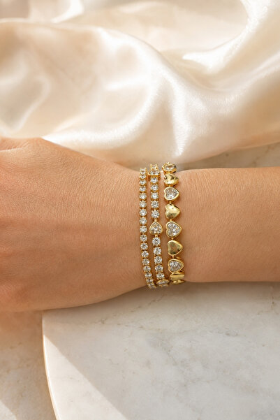 Luviant 14K Gold Kaplama Yuvarlak Işıltılı Taş ve Kalp Detaylı Üçlü Bileklik ...