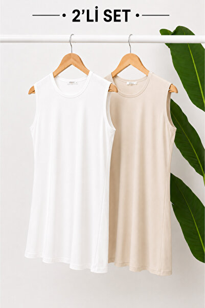 ELİSSE Women's White Beige Set of 2 Zero Sleeve Combed Cotton Underwear Tunics