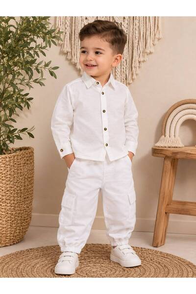 favorimkids White Shirt with White Cargo Pants 2-Piece Boys' Set