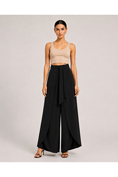 De Carte Women's Belted Double-Breasted Look Modal Fabric Wide-Leg Sweatpants