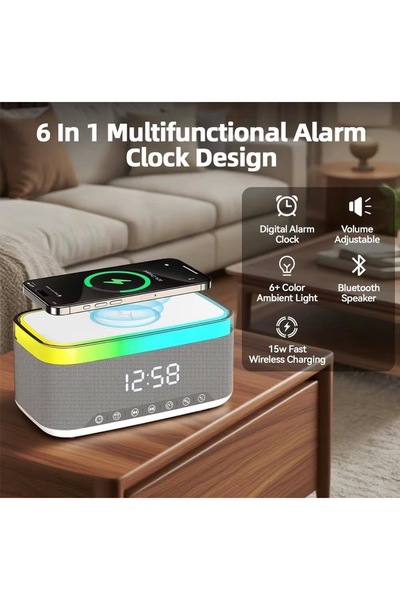 Generic Încărcător Wireless Rapid 15W 6în1, cu Boxă Bluetooth, Lumini LED RGB, Ceas cu Alarmă, Fast Charge