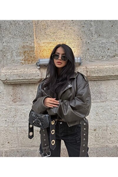 Ekim Store Khaki Belted Oversize Cropped Leather Jacket