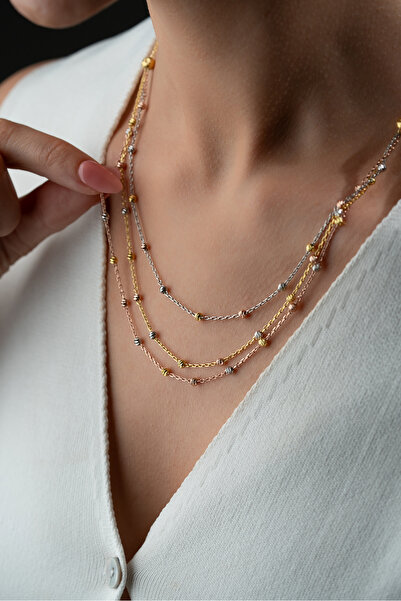Silvano Jewelry 925 Ayar Gümüş Üç Renk Üç Sıra Salaş Model Dorika Model Kolye