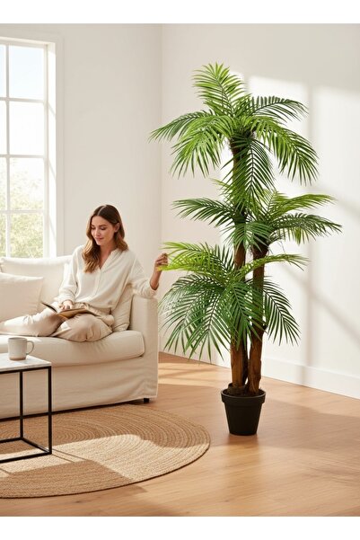 florayapaycicekcom Yapay Palmiye Areka Ağacı Ahşap Gövdeli Dekoratif Salon Bitkisi 140 cm (27 Yaprak)