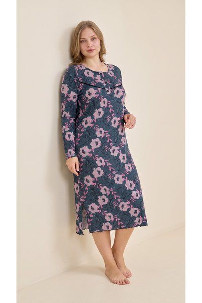Arzey Floral Patterned Viscose Half Placket Button Detailed Long Sleeve Plus ...