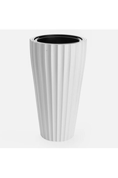 OEM Ghiveci Conic din Plastic Alb cu Dungi in Relief 31,5x58cm - 51L