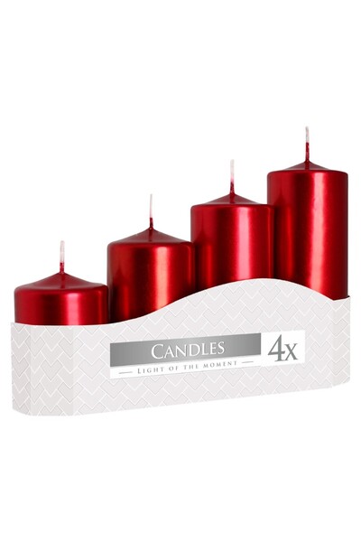 LCA Set 3 x 4 Lumanari Stalp, Rosu Metalizat, Dimensiuni Diferite