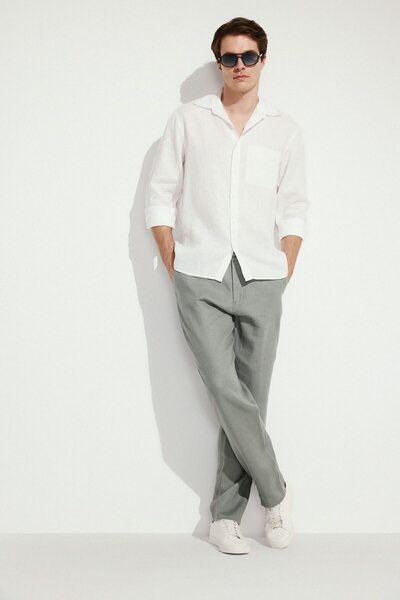 DeFacto 100% Linen Relax Fit Straight Leg Trousers with Pockets G1395Ax26Sm