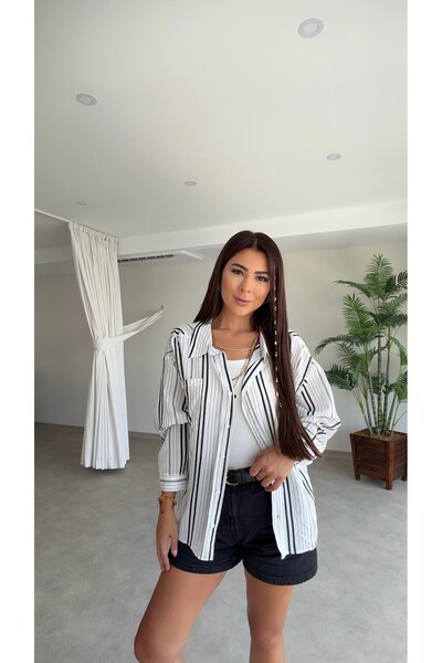 DİDEM GÜLTAKTI Seva Women's Striped Oversize White Shirt
