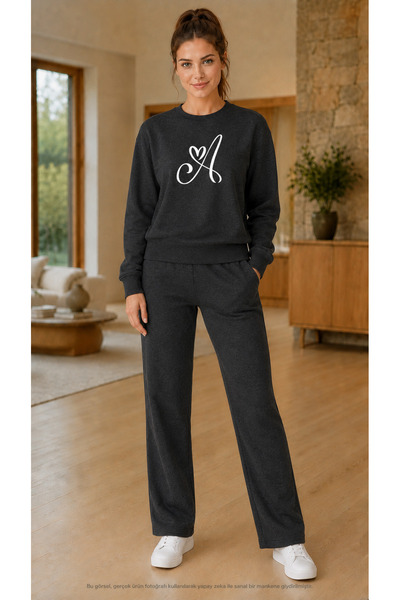 EMMODA Women's Heart Detailed Letter a Printed Tracksuit Set / Round Neck Swe...