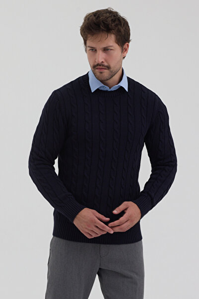 Frappoli Pales Men's Navy Blue Braided 100% Cotton Crew Neck Sweater