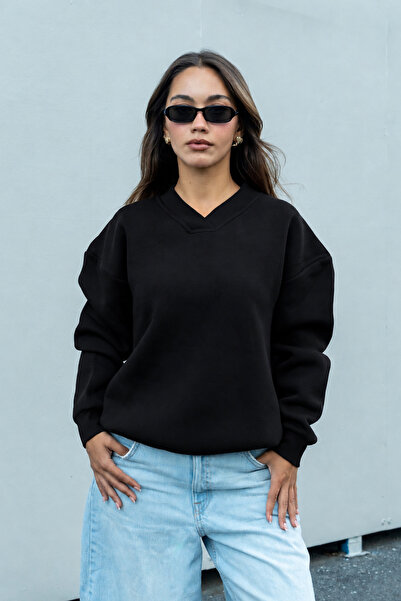 DI LORIA Women's Black V-Neck Oversize Sweatshirt (80% Cotton)