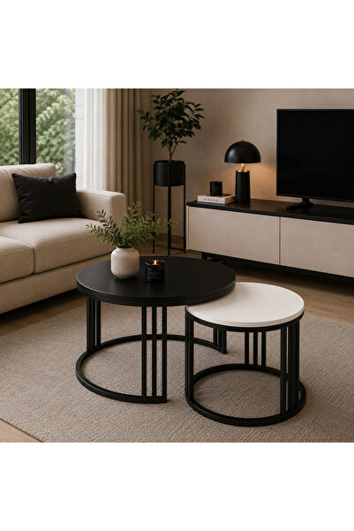 EVDERA MOBİLYA BEST SİYAH METAL İKİLİ ORTA SEHPA