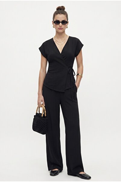 Ritnice Women's Kelseynew Woven Soft Black Top and Bottom Set