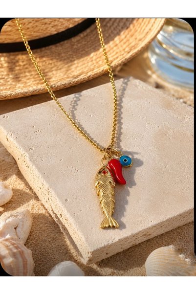 TARZ-I TAKI 50 cm Fish & Pepper End Luck Protection Steel Chain Necklace Does Not Tarnish Does Not Cause Allergies in Special Gift Box