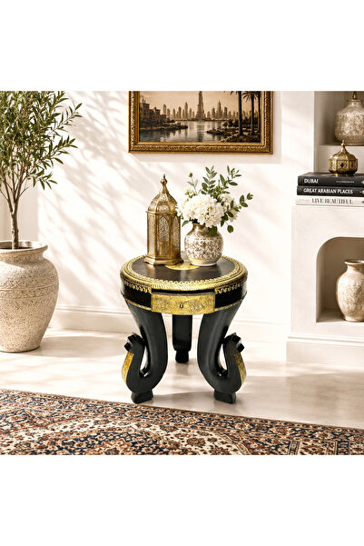 Al Athar Arts Indian Traditional Round Wooden Table With 3 Elephant Legs With...