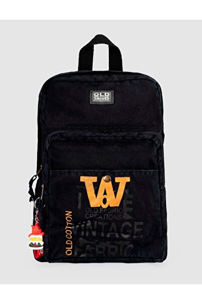 Cabani Black Vintage Printed Linen Unisex Backpack