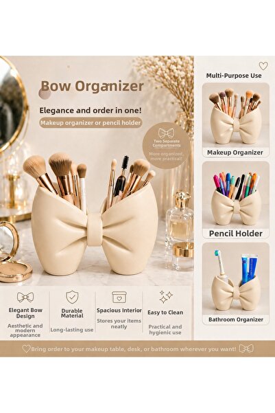 Luvena Bow Organizer Desktop Organizer Pen Holder Makeup Brush Holder Cosmeti...