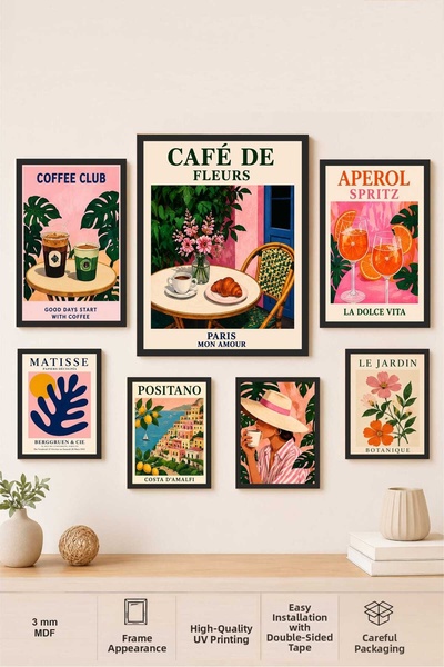 UNT Set de picturi MDF cu aspect de cadru tematic Boho Cafe, 7 piese, decor d...