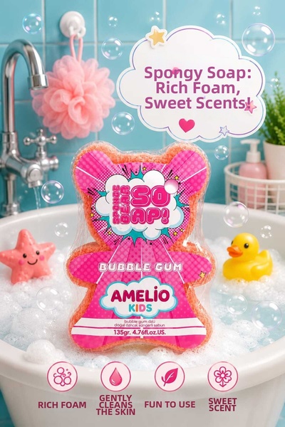 Amélio Kids Natural Bubble Gum Scented Kids Sponge Soap Pink 135Gr