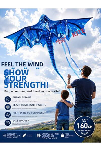Hepsilazım Blue Dragon Dragon Toy Kite Large Flying Dragon 1.55X1.82Cm Kite