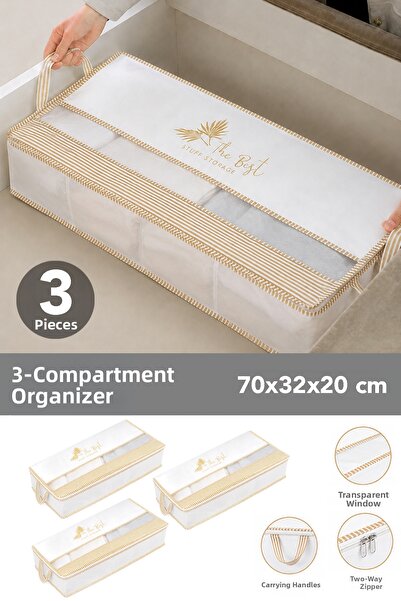 Meleni Home 3 Pieces Under-The-Bed Storage Bags with Windows - Striped Multi-...