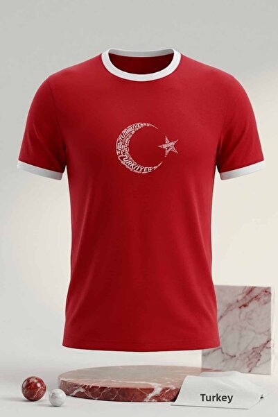rekorsport Turkey Moon Star Printed Red-White T-Shirt Crew Neck 100% Cotton T...