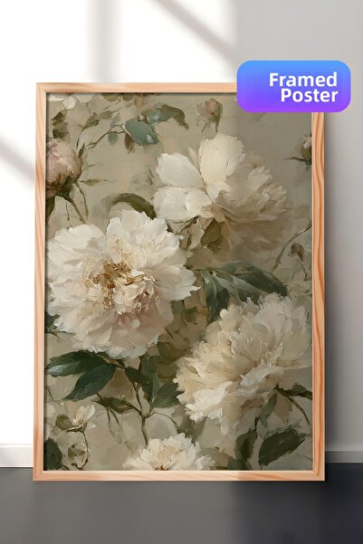 Zestia Pictură murală vintage, buchet de bujori albi cu ramă din lemn Nr.: 20125