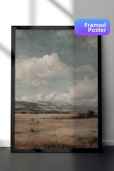 Zestia Pictură murală vintage, peisaj cu câmpuri deschise și nori, înrămată î...