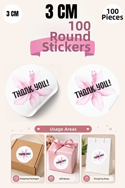 qoeuyl boutique Thank You Pink Flower Printed 3 cm Round 100 Pieces Sticker P...