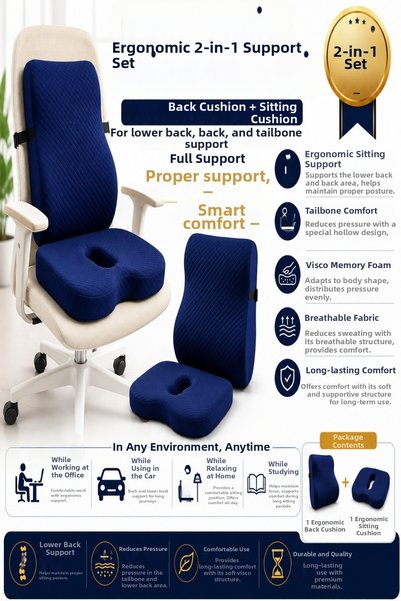 VISCORA Orthopedic Back and Seat Cushion Set – Ergonomic Visco Support for Lumbar, Back, and Tailbone