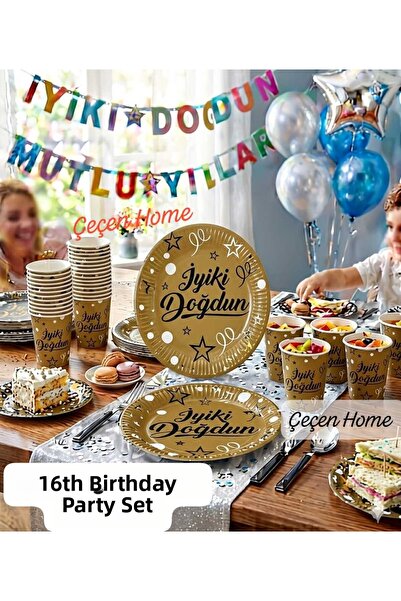 ÇEÇEN HOME 32 Piece Birthday Set, 16-Piece Birthday Plate and 16-Piece Birthd...