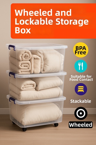 LOREMPBOX 90 Lt Storage Box with Lock and Wheels, 3 Pieces - Transparent