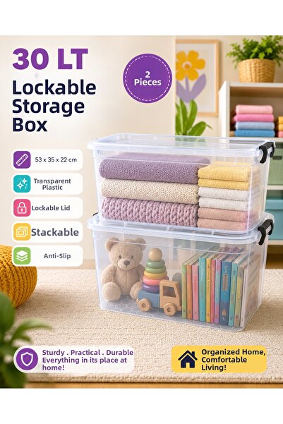 ZİVORA 30 Lt Transparent Lockable Storage Box 2 Pieces Pp Plastic Organizer S...