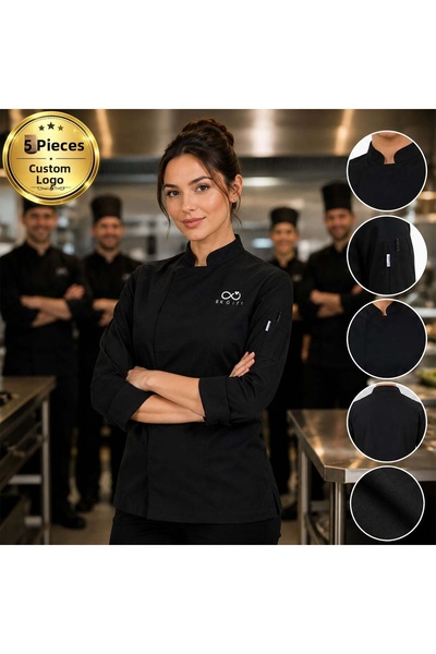 Bk Gift 5 Black Women's Chef Jackets with Your Logo - Gabardine Fabric Profes...