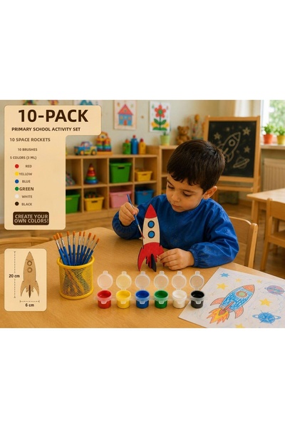 WoodStory 10-Piece Wooden Space Rocket Painting Set |   Kindergarten Activity Kit |   Children's Painting and Puzzle Activity Set |   10 Brushes and 5 Pieces of 6-Color Acrylic Paint Included