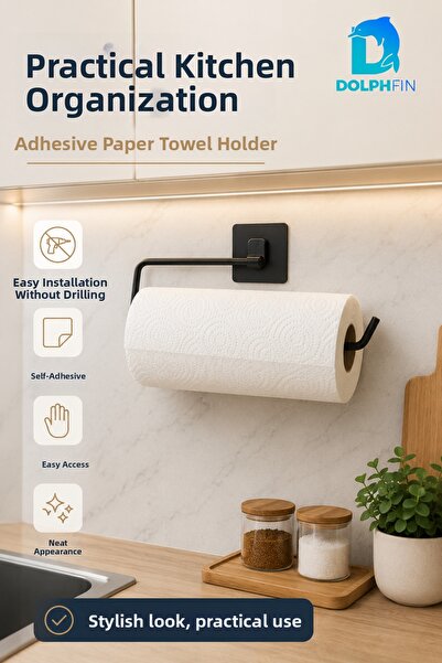 DolphFin Adhesive Roll Paper Towel Holder Matte Black No Drilling Mounted Kit...