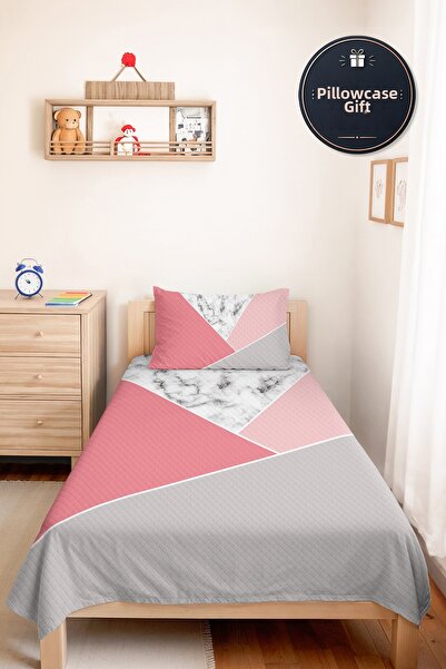 Evimde Bambaşka Pink Geometric Youth Room Single Pique Set-Marble Gray Modern...
